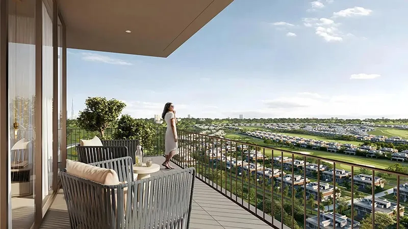 Balcony with city and greenery views