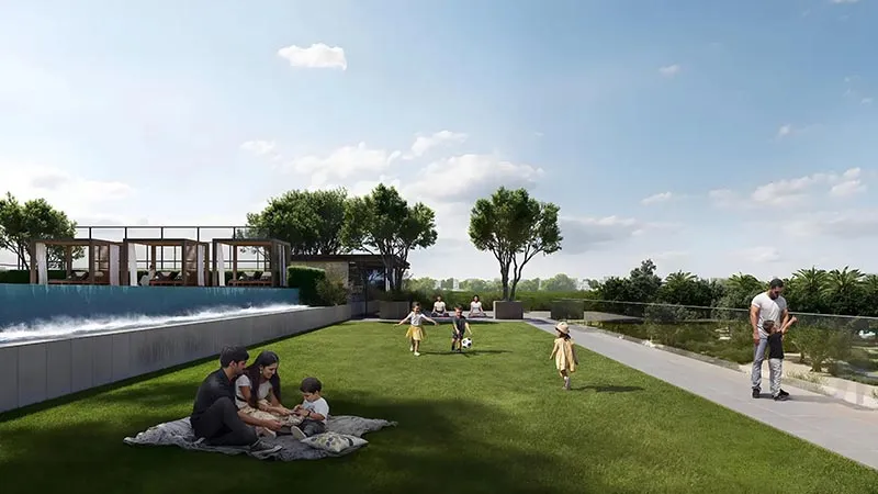 Lawn seating facing pool and palm trees