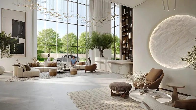 Double-height lobby with lounge seating