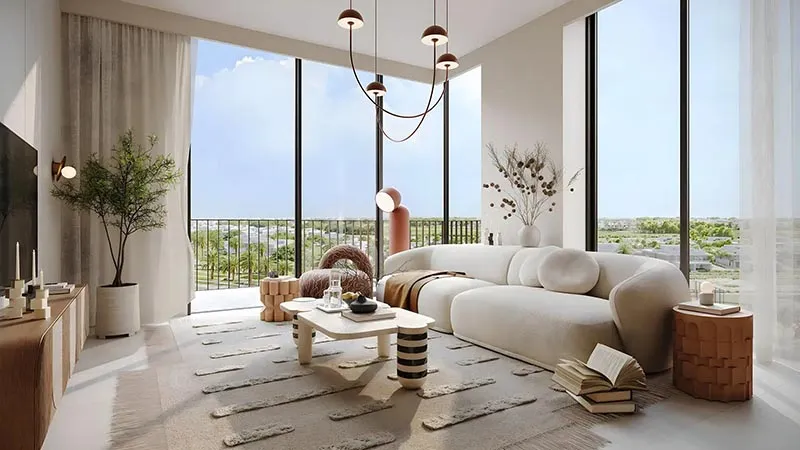 Living room with full-height windows and views