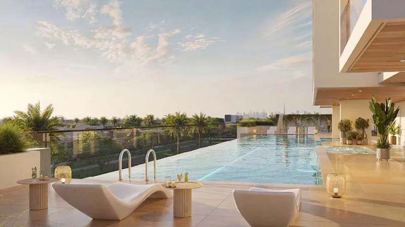 Outdoor swimming pool with seating