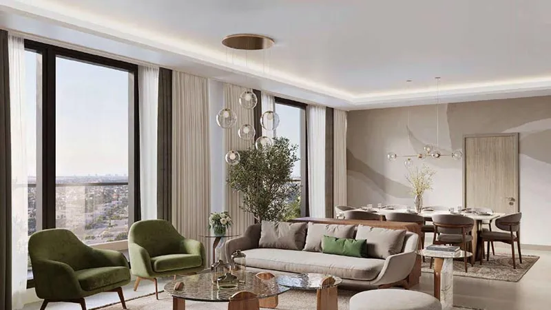 Modern living room with large windows