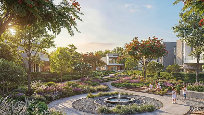 Circular landscaped community plaza