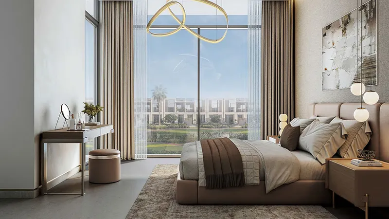 Luxury bedroom with large window view